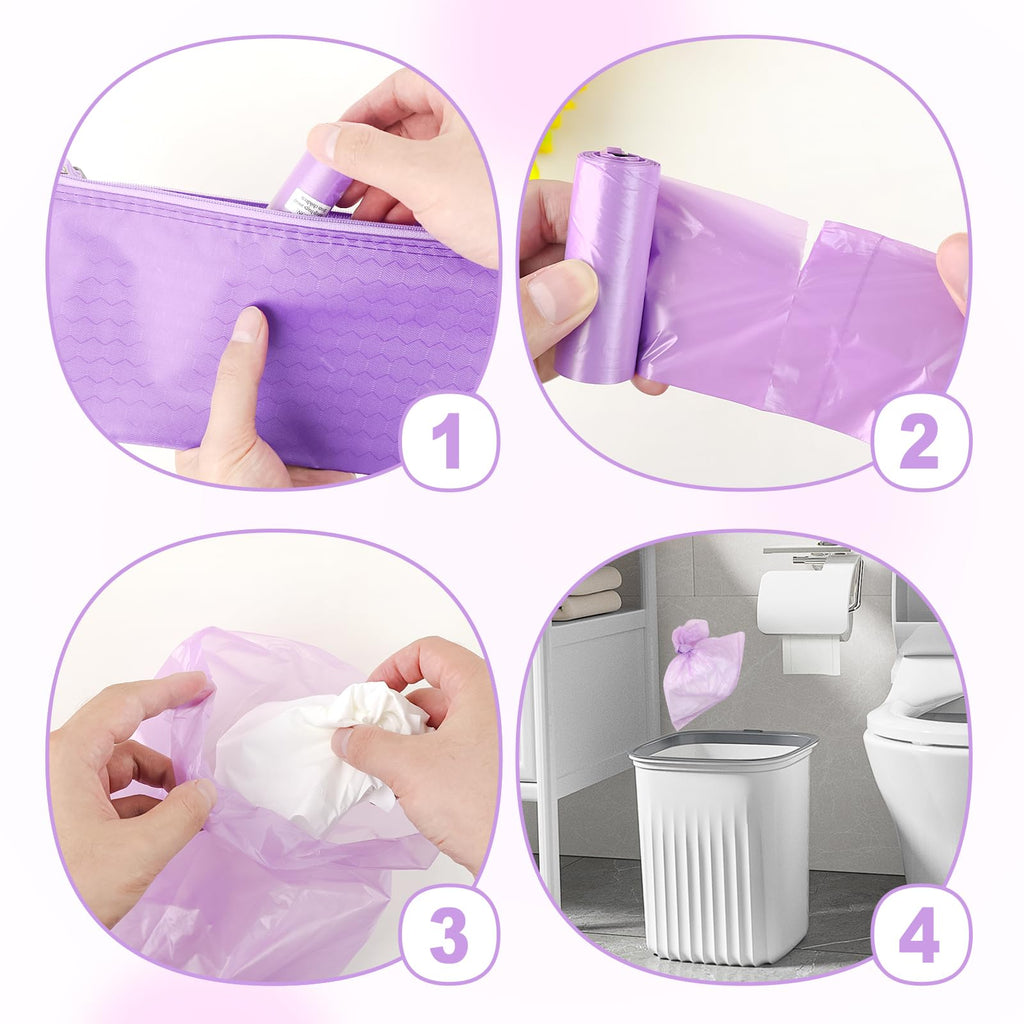 146Pcs Disposal Sanitary Napkin Bags, Purple Feminine Privacy Protection Sanitary Tampons Menstrual Liners Bag, Personal Disposal Hygiene Period Diapers Bag for Women (144pcs with 2pcs Zipper Bags)