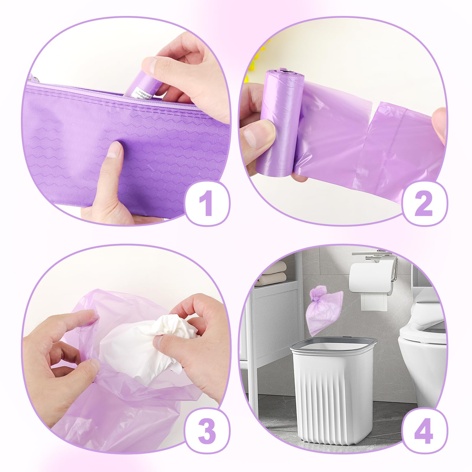 146Pcs Disposal Sanitary Napkin Bags, Purple Feminine Privacy Protection Sanitary Tampons Menstrual Liners Bag, Personal Disposal Hygiene Period Diapers Bag for Women (144pcs with 2pcs Zipper Bags)