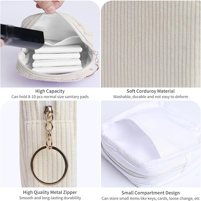 Teircno Sanitary Napkin Storage Bag, Preppy Corduroy Period Bag for Women, Cute Portable Period Pouch with Zipper, Sanitary Pads Bag Tampons Holder for Purse, First Period for Women Ladies
