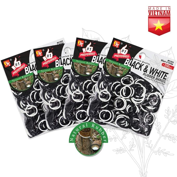 Beauty Town 1000 Pcs Rubber Bands - Soft Elastic Hair Accessories, Braids Mini Ties, No Damage Stretchy Bands for Hair (4-Packs) (Black & White)