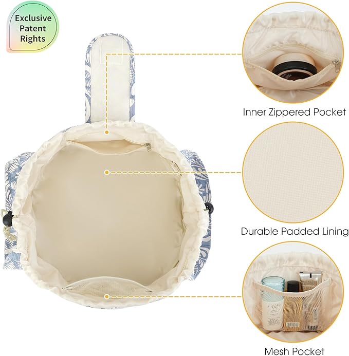 Narwey Barrel Drawstring Makeup Bag Large Cosmetic Bag Make up Bags Toiletry Organizer for Women (Blue Leaf) (Patent)