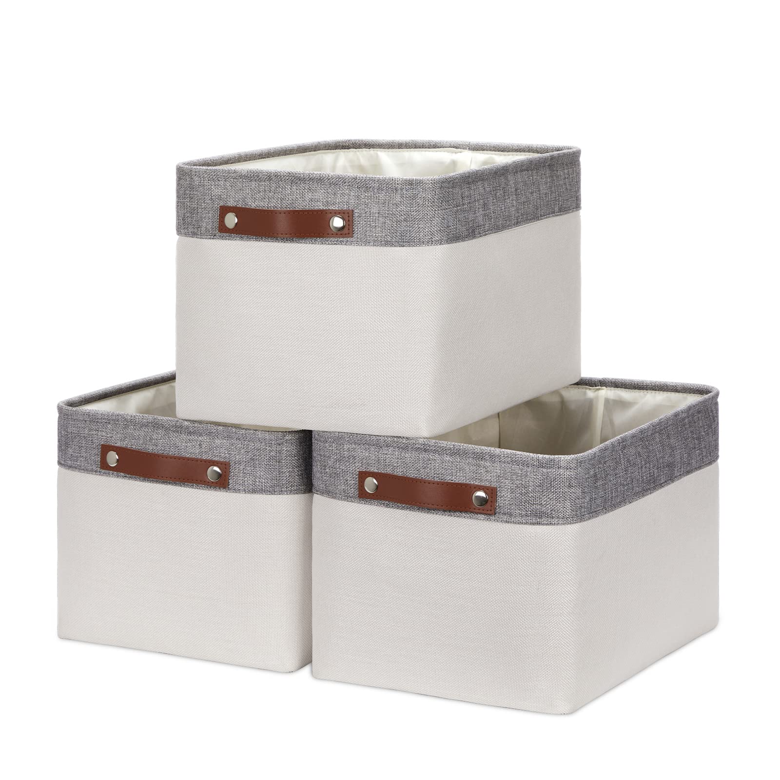 HNZIGE Large Storage Baskets for Shelves(3 Pack) Fabric Storage Toy Baskets with Handles, Decorative Foldable Storage Bins for Organizing (Gray&White-Leather Handles, 15"x11"x9.5")
