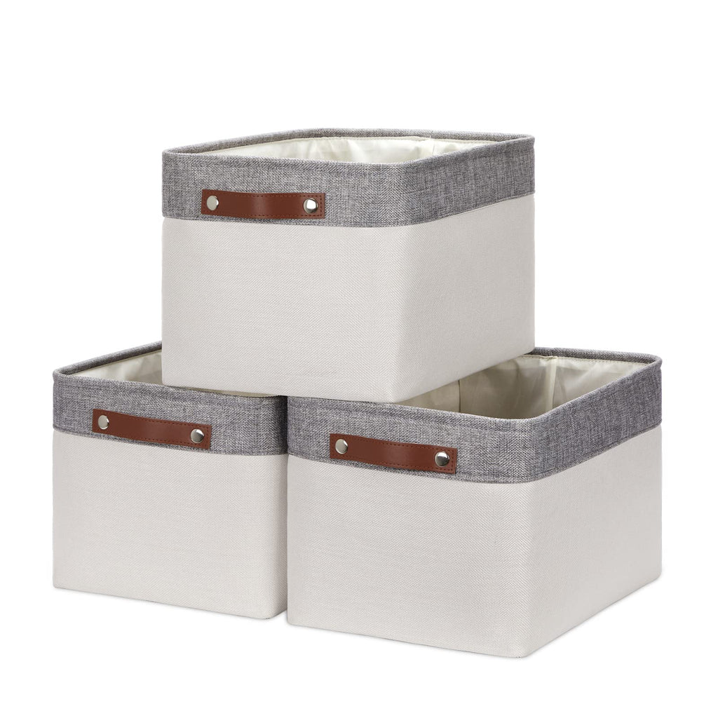 HNZIGE Large Storage Baskets for Shelves(3 Pack) Fabric Storage Toy Baskets with Handles, Decorative Foldable Storage Bins for Organizing (Gray&White-Leather Handles, 15"x11"x9.5")