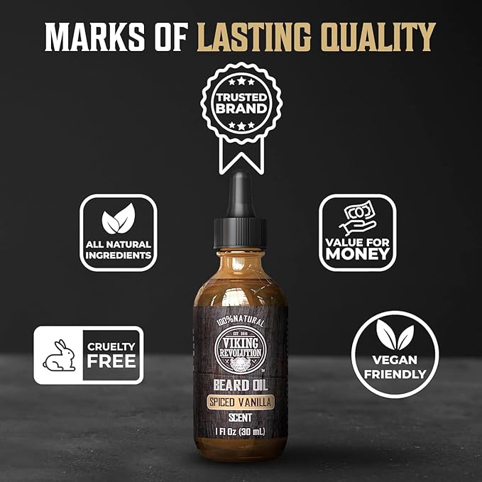 Viking Revolution Ultimate Conditioner for Men's Beard Grooming - Softens, Smoothes and Soothes - Contains Beard Wash and Conditioner (5oz Set), Beard Oil, Balm and Wooden Comb - Spiced Vanilla Scent