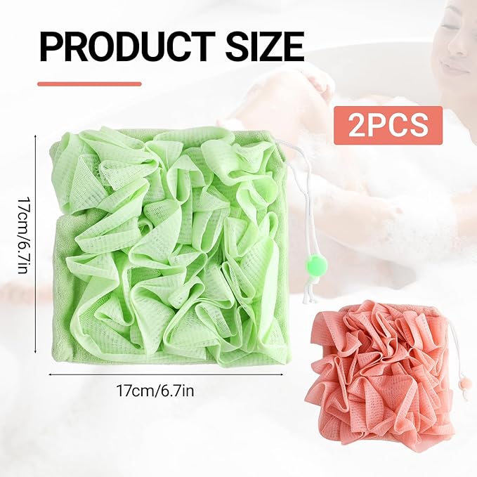 2 PCS Soap Bar Loofah, 2 in 1 Loofah Washcloth Combo, Bath Sponge with Drawstring, That Holds Bar Soap,for Cleansing and Smooth Skin (Pink, Green)