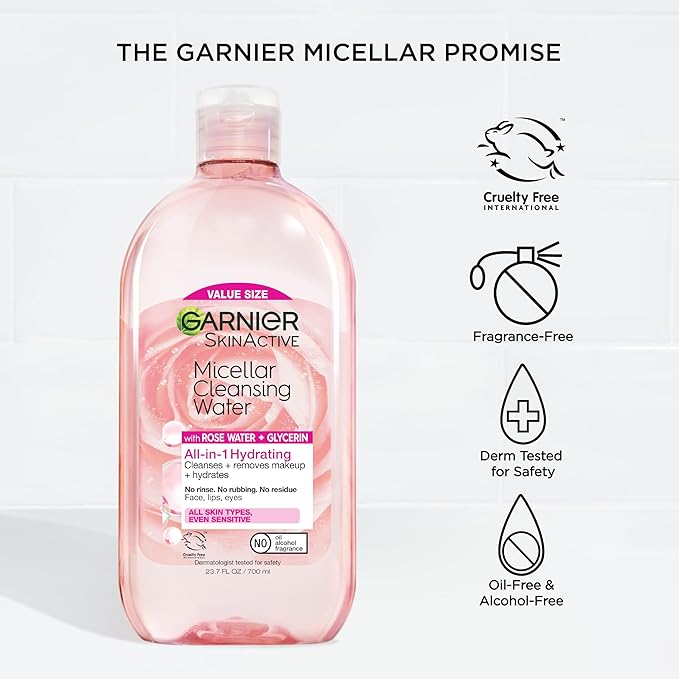 Garnier Micellar Water with Rose Water and Glycerin,Hydrating Facial Cleanser & Makeup Remover,For All Skin Types,Vegan,Cruelty Free,23.7 Fl Oz (700mL),(Pack of 2)