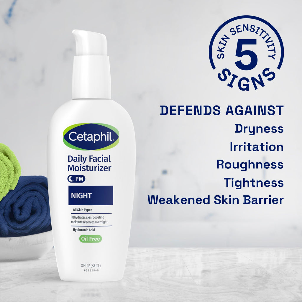 Cetaphil Night Moisturizer for Face, Hydrating Facial Moisturizer with Hyaluronic Acid, For All Skin Types, Lightweight and Non-Comedogenic, Dermatologist Recommended for Sensitive Skin, 3oz