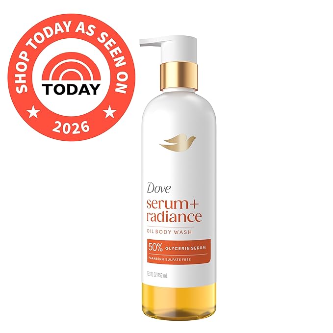 Dove Serum+ Shower Oil Body Wash Radiance, Jojoba & Monoi Flower, 15.3 fl oz I Hydrating shower oil body wash with glycerin serum for soft, radiant skin without greasy residue.
