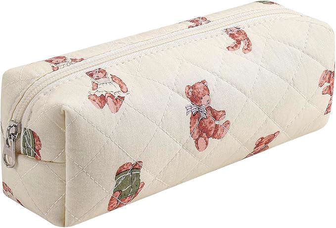 HHQQWZ Cute Floral Cotton Makeup Brush Cosmetic Bag for Women, Travel Quilted Zipper Make Up Bag, Flowers Toiletry Organizer Case Kawaii Makeup Cosmetic Travel Cloth Pouch (Rabbit Bear)