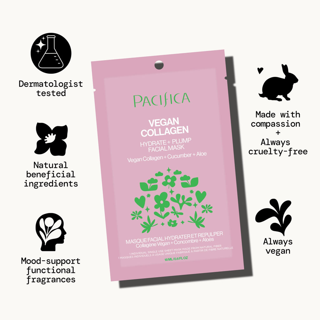 Pacifica Sheet Face Mask - Vegan Collagen Hydrate & Plump with Cucumber & Aloe – Moisturizing Mask for Dry & Aging Skin - Clean Beauty Vegan & Cruelty-Free Dermatologist Tested