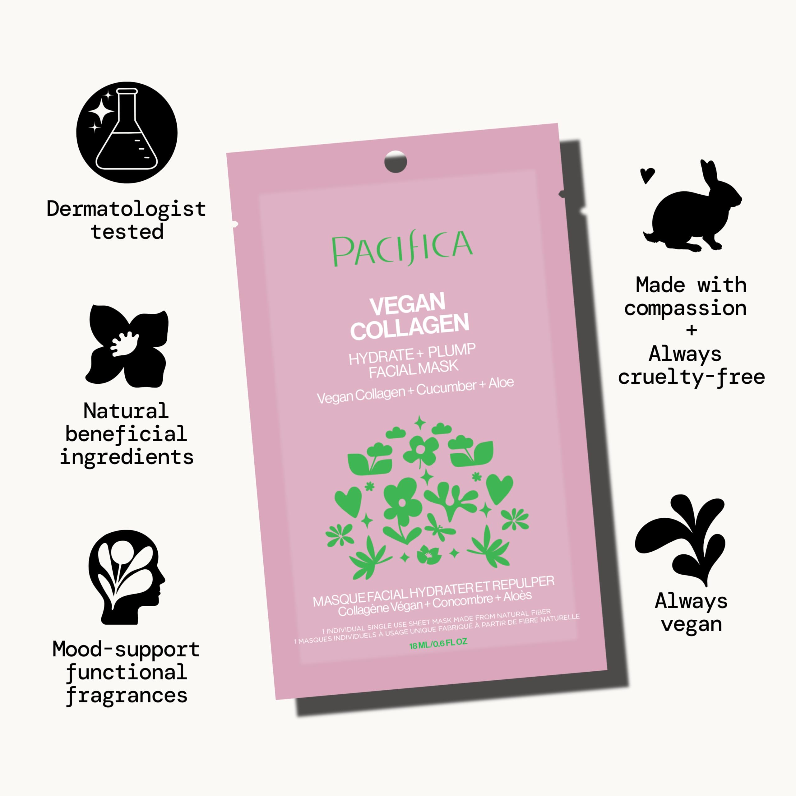 Pacifica Sheet Face Mask - Vegan Collagen Hydrate & Plump with Cucumber & Aloe – Moisturizing Mask for Dry & Aging Skin - Clean Beauty Vegan & Cruelty-Free Dermatologist Tested