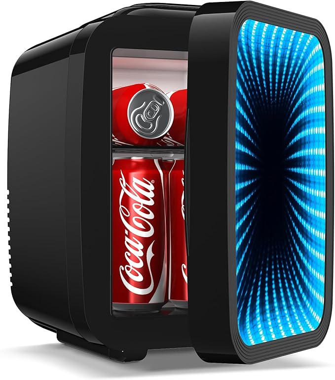 BEICHEN Mini Fridge, 4L/6 Can Small fridge with Dimmable Gaming Light for Bedroom,Office,Gaming room and Car,AC/DC Portable Thermoelectric Cooler & Warmer for Food, Drinks, Skincare,Black