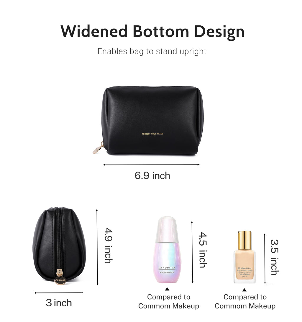 Aveniee Travel Makeup Bag Small, Vegan Leather Cosmetic Pouch for Purse, Wide-open Toiletry Organizer with Dividers & Zipper for Women-Black
