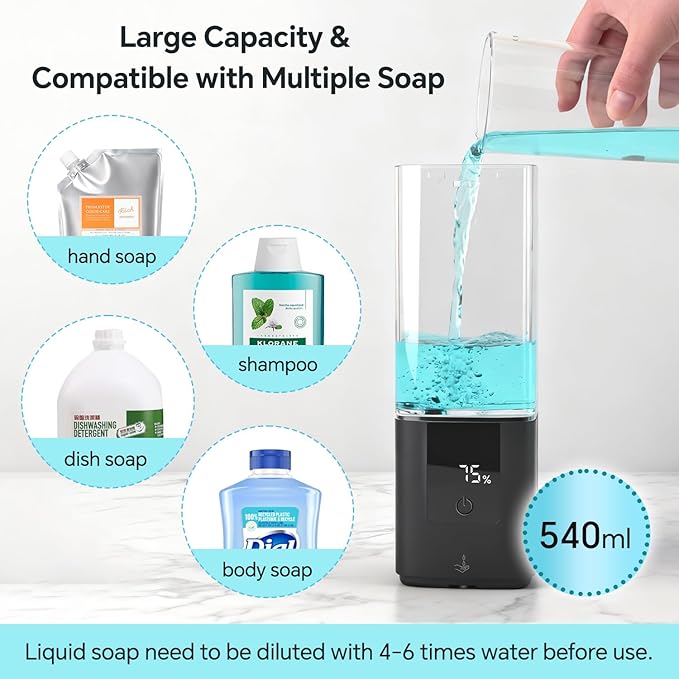 LAOPAO Automatic Soap Dispenser Wall Mount Rechargeable Liquid Soap Pump for Kitchen, Touchless Soap Dispenser for Dish/Hand/Shower Soap, Home & Commercial, 540ml, Black