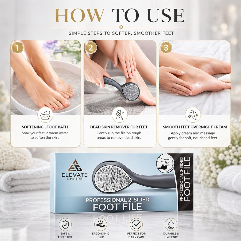 ELEVATED EMPIRE Foot Scrubber & File Callus Remover for Feet - Dual-Sided Stainless Steel Pedicure Tool for Cracked Heels, Dead Skin & Rough Skin - Wet or Dry Use, Men & Women