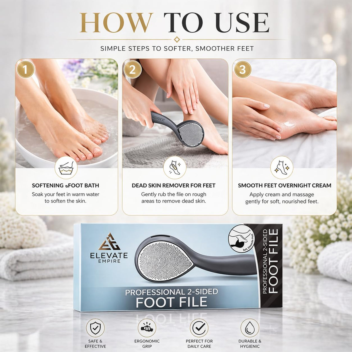 ELEVATED EMPIRE Foot Scrubber & File Callus Remover for Feet - Dual-Sided Stainless Steel Pedicure Tool for Cracked Heels, Dead Skin & Rough Skin - Wet or Dry Use, Men & Women