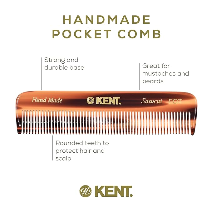 Kent FOT Handmade Pocket Comb for Men, Women and Kids, All Fine Tooth Hair Comb Straightener for Everyday Grooming and Styling Hair, Beard and Mustache, Saw Cut and Hand Polished, Made in England