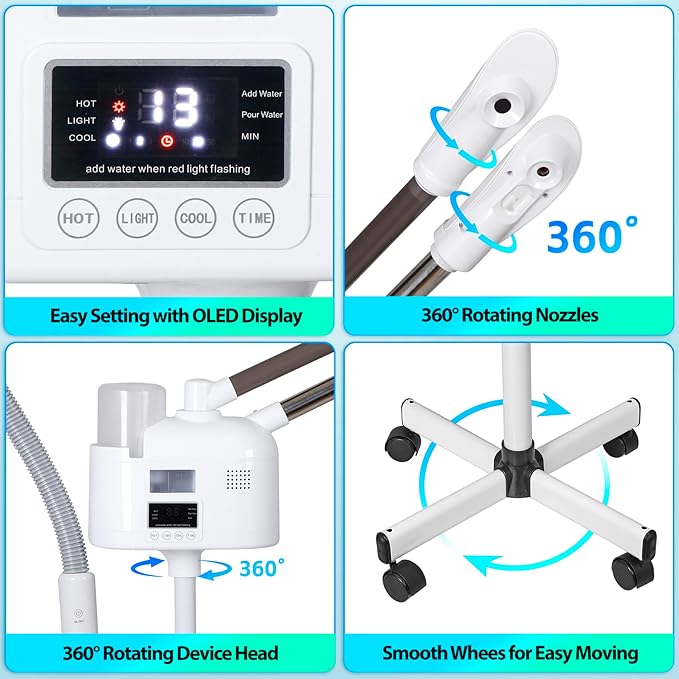 Saicool Professional 3 in 1 Facial Steamer, Stand on Wheels with 5X LED Magnifying Lamp, Use at Home or Salon SPA Esthetician with hot and Cold Nozzle for Skin Deep Clean