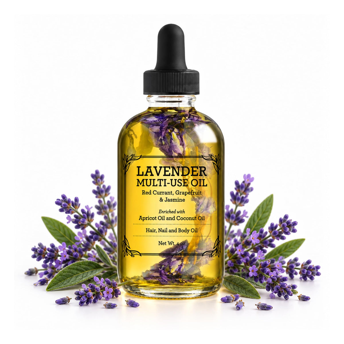 BEAUTE DE PROVENCE Lavender Multi-Use Oil for Face, Body and Hair - Organic Blend of Apricot, Vitamin E, Fractionated Coconut and Sweet Almond Oil Moisturizer for Dry Skin, Scalp and Nails - 4 Fl Oz