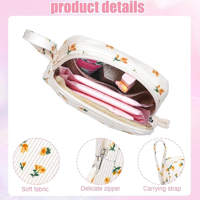 Chicarries Small Makeup Bag | Discreet Period Bag Pad Pouch for Purse| Sanitary Napkin Storage & Tampon Holder for Travel (Flower yellow)