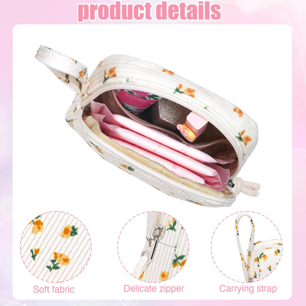 Chicarries Small Makeup Bag | Discreet Period Bag Pad Pouch for Purse| Sanitary Napkin Storage & Tampon Holder for Travel (Flower yellow)
