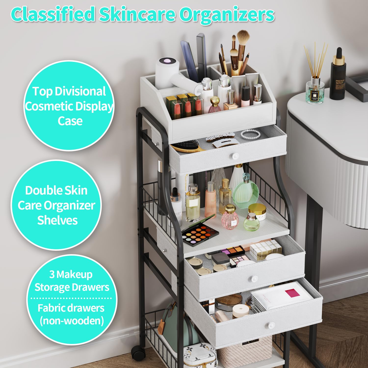 HapiRm Floor Makeup Organizer Storage - Vanity Skincare Make Up Organizers and Storage with Drawers, Cosmetics Display Cases Holder for Skin Care Nail Polish Perfume Makeup Brush