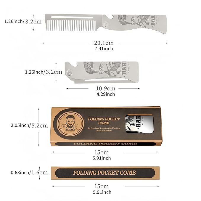 Metal Beard Comb for Men, Folding, 201 Steel, Laser-Etched Handle, 0.17lb