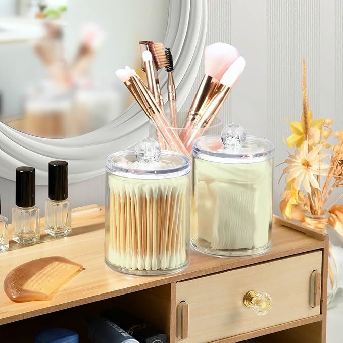 Beige Qtip Holder Organizer Dispenser Cotton Swabs Cans Plastic Jars with Lid Set 4 Pack Bathroom Storage Canister for Cotton Ball Floss Cotton Pads