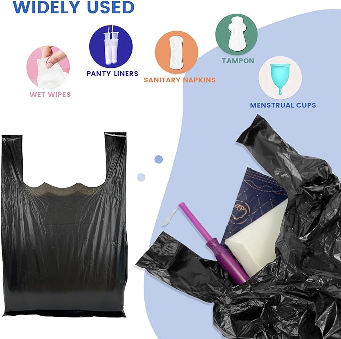 Personal Disposal Bags, Sanitary Napkin Bags Black Little Waste Bags, 300 Pack, Plastic Trash Bags with Handles for Feminine Tampons Hygiene Products