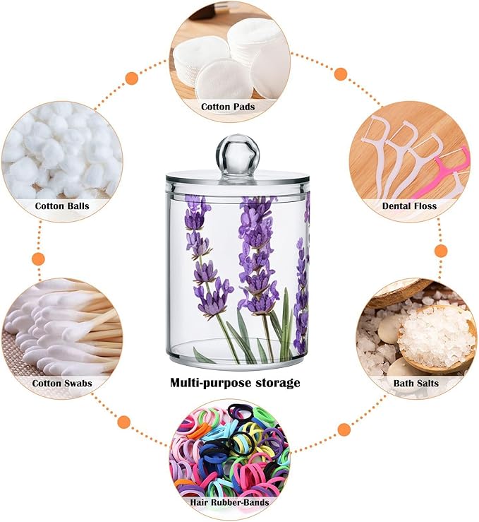4 Pack Qtip Holder Dispenser Purple Lavender Watercolor Flower Cotton Ball Cotton Swab Round Pads Floss Clear Bathroom Storage Containers Plastic Apothecary