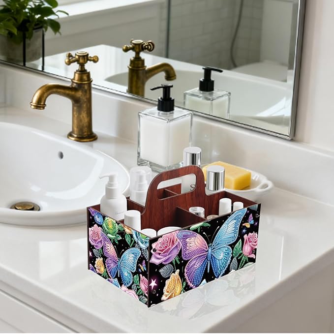 JZHYOAN DIY Flower Diamond Art Wooden Multi-Compartment Organiser Box with Handle Diamond Painting Cosmetic Storage Box for Adult Portable Wooden Storage Case for Storing Desktop Items