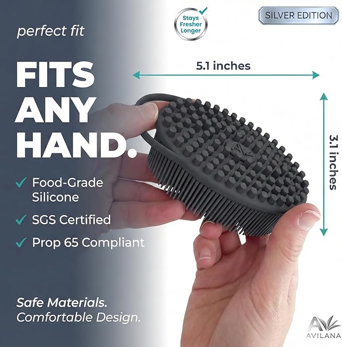 Avilana Silicone Body Scrubber for Shower – SGS Certified Food Grade Dual Sided Bath Brush, Gentle Exfoliating Silicone Loofah Alternative, Sensitive Skin Body Brush (Green-Silver, Massage)