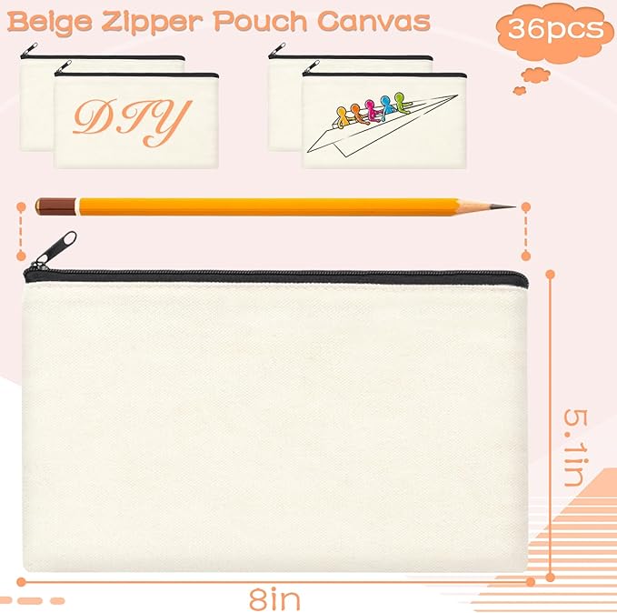 ZeeDix 36 Packs Beige Canvas Pouch- Multi-purpose Cosmetic Bag with Zipper, Blank DIY Craft Canvas Zipper Pouch, Travel Toiletry Bag (8.3 x 5 inches)