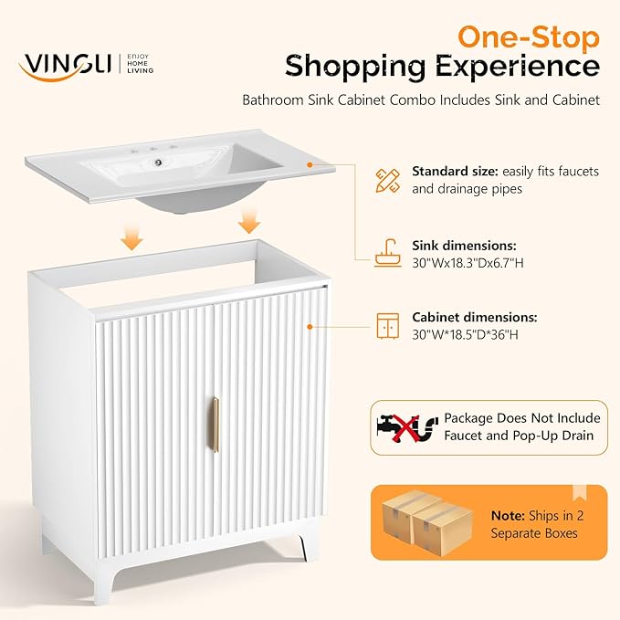 VINGLI 30 Inch Bathroom Vanity with Sink, Modern White Freestanding Cabinet with Ceramic Top, Fluted Soft-Close Doors & Gold Handles, U-Shape Storage for Small Bathroom