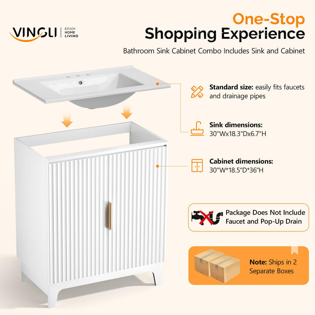 VINGLI 30 Inch Bathroom Vanity with Sink, Modern White Freestanding Cabinet with Ceramic Top, Fluted Soft-Close Doors & Gold Handles, U-Shape Storage for Small Bathroom