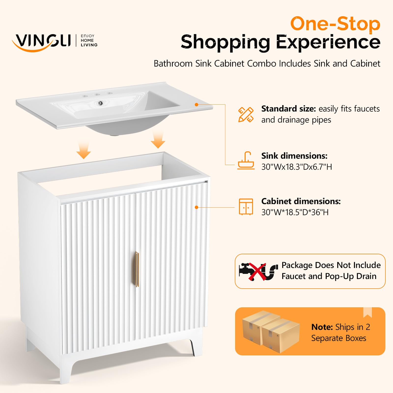 VINGLI 30 Inch Bathroom Vanity with Sink, Modern White Freestanding Cabinet with Ceramic Top, Fluted Soft-Close Doors & Gold Handles, U-Shape Storage for Small Bathroom