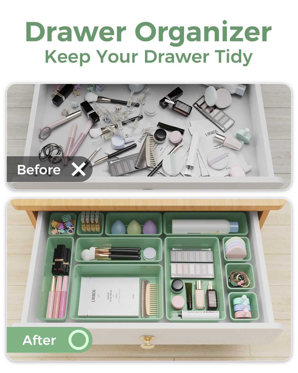 BiuLeon 25 PCS Plastic Drawer Organizers Set, 4-Sizes Vanity and Makeup Organizer, Desk and bathroom Drawer Organizer Trays, Organizers and Storage for Makeup, Jewelry, Gadgets, Utensils (Green)