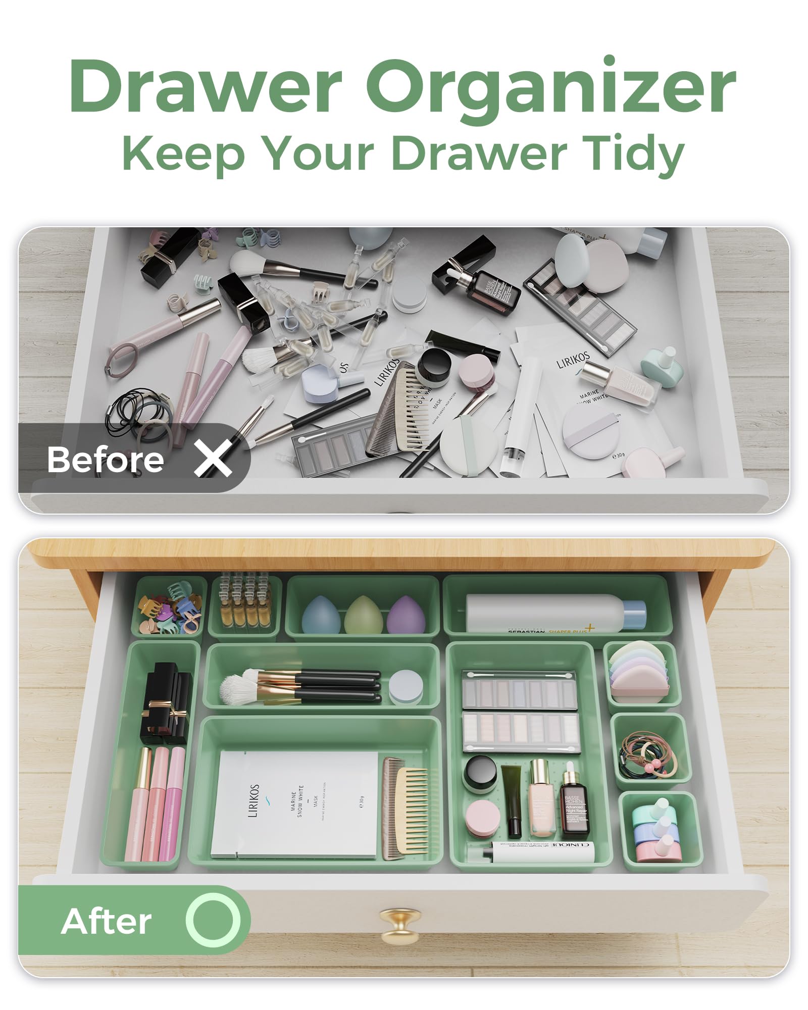 BiuLeon 25 PCS Plastic Drawer Organizers Set, 4-Sizes Vanity and Makeup Organizer, Desk and bathroom Drawer Organizer Trays, Organizers and Storage for Makeup, Jewelry, Gadgets, Utensils (Green)