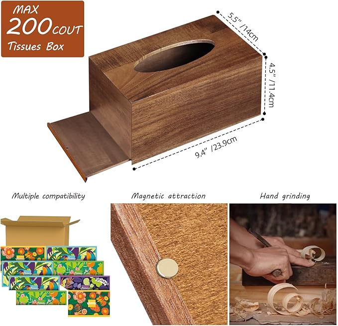 BIBELUN Tissue Box Cover,Acacia Wood Tissue Box Cover Rectangle with Slide-Out Bottom,Wooden Decorative Cube Facial Tissue Holder/Organizer/Dispenser for Bathroom,Office Desk & Bedroom Decor