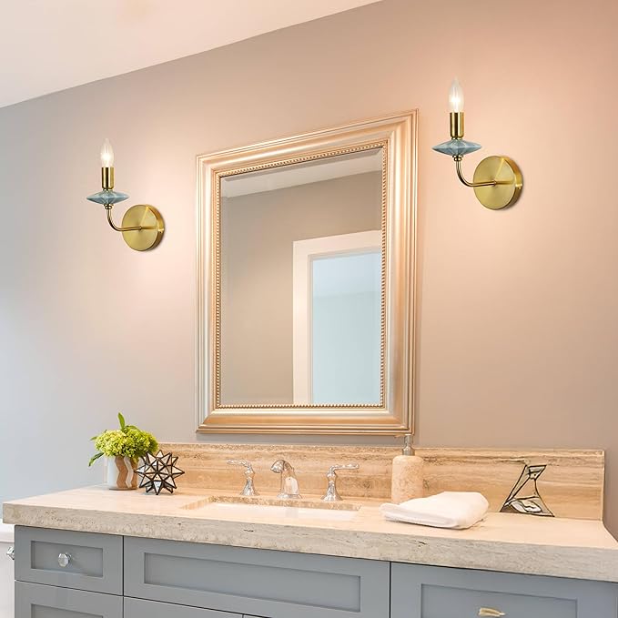 Wall sconces Set of Two,Light with Ceramic Accent,Gold-Wall Light Fixtures, Hardwired Modern Vanity sconces for bathrooms, Living Rooms, bedrooms, and hallways. E12 Socket (Gold, 2-Pack)