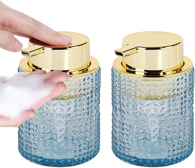 Fvstar Foaming Soap Dispenser, 2pcs Blue Glass Foam Soap Dispenser with Gold Pump, Refillable 10oz Lotion Liquid Container Pump Bottle for Bathroom Kitchen Countertop