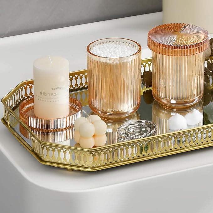 rejomiik Glass Qtip Holder Dispenser, Bathroom Canister Apothecary Jars with Lids, Vanity Makeup Accessories Storage Organizer for Cotton Swabs, Cotton Balls, Pads, Floss Picks, Amber