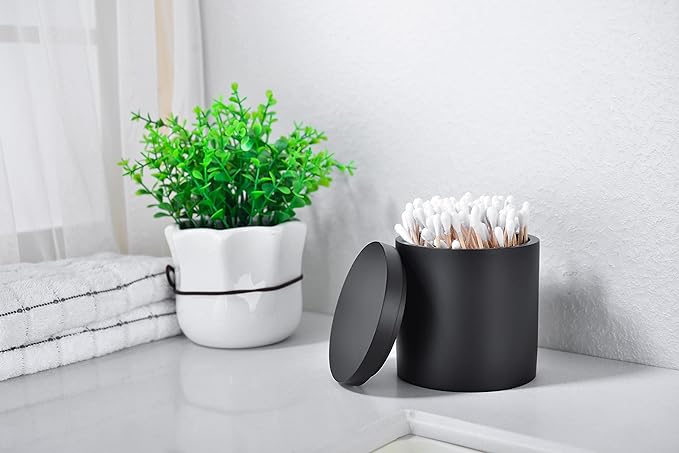 Cotton Swab Holder with Lid, Round Qtip Holder Bathroom Black, Resin Cotton Ball Canister Jar Cosmetics Makeup Countertop Organizer Containers Canister Apothecary Jar, Matte Black