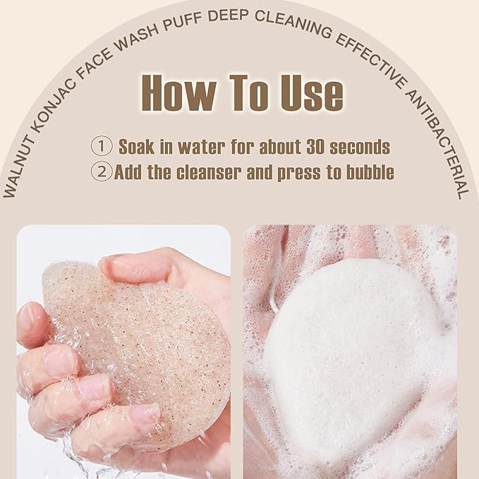 Natural Walnut Konjac Facial Sponges - Waterdrop- for Gentle Face Cleansing and Exfoliation Eco-Friendly - Skincare Face Body Washing Cleaning - with Walnut + Konjac,3pc.