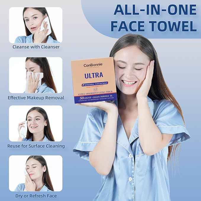 Conbonnie Clean Face Towels XL, Thickened Design with New Textured, 10"×12" Biobased Facial Towels, Disposable Face Towelette, Makeup Remover for Skin Care, Clean Skin, 50 Count (1 Pack)