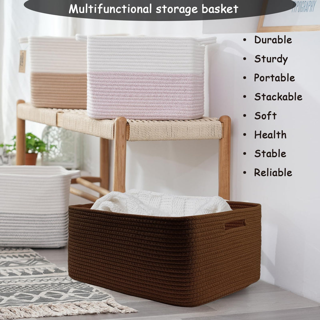 COMFY-HOMI Cotton Rope Woven Basket with Handles for Shelves,Toys,Book, Cloth Storage Baskets Bin for Organizing- 1 PCSToy Decorative Organizer for Living Room, Bathroom 17" x 13" x 7.5"