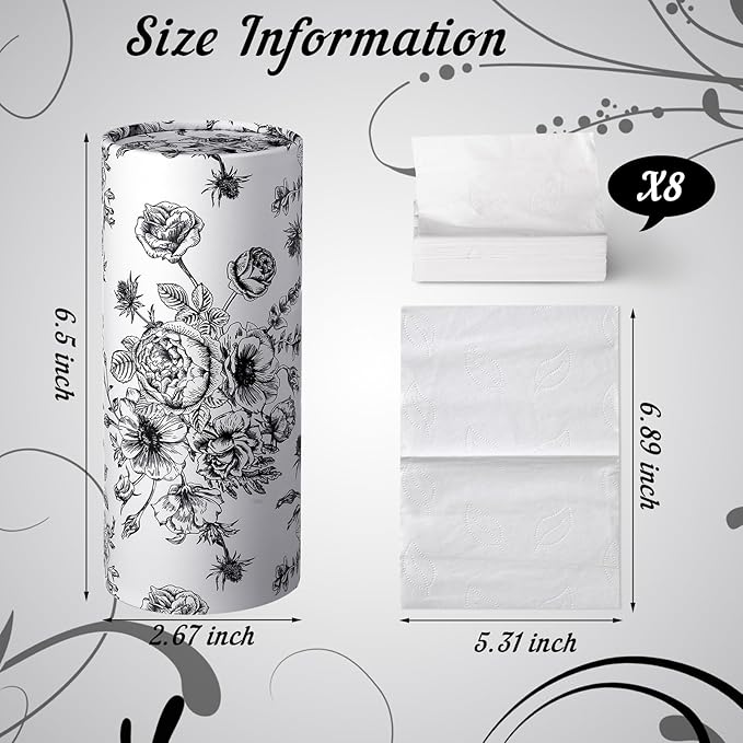 Zonon 4 Pcs Vintage Floral Car Tissue Cylinder with 240 Sheets 3 Ply Facial Tissue Bulk Black and White Round Tissues Holder Box Travel Tubes for Car Cup Holder Round Container