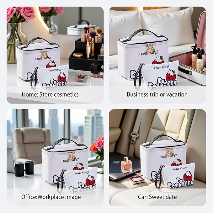 Vimanllie Travel Makeup Bag Large Cosmetic Bags with Brush Holder,White Waterproof 2PCS Portable Cosmetic Case for Women,Toiletry Bag for Skincare&Beauty Tools for Her