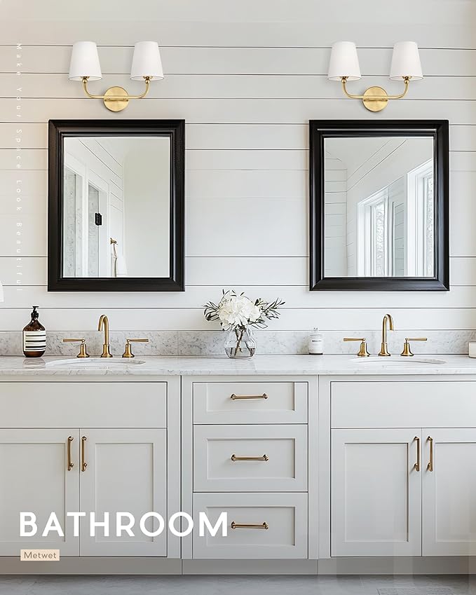 2-Light Bathroom Light Fixtures, Brushed Gold Vanity Lights, Double Wall Sconce with Flared White Fabric Shade, Modern Sconces Wall Lighting for Hallway Bedroom Stairway, VL837-BG-2-S