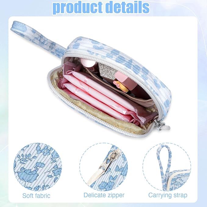 Chicarries Small Makeup Bag | Discreet Period Bag Pad Pouch for Purse| Sanitary Napkin Storage & Tampon Holder for Travel (Flower blue)